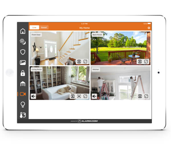 Residential alarm system app showing four live camera views