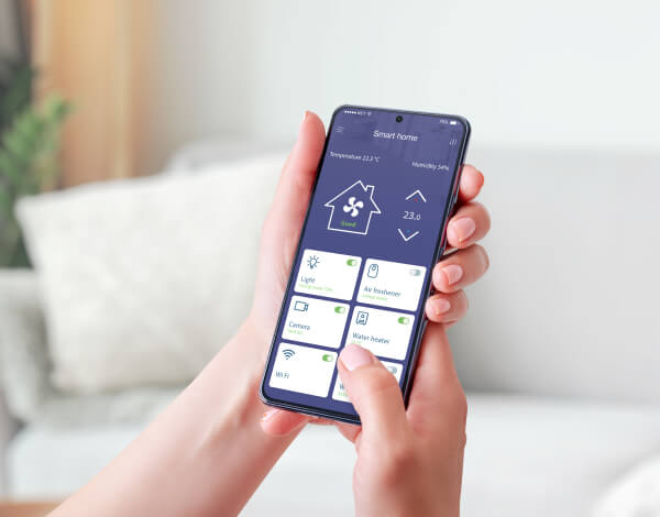 Smart home app on phone controlling Dallas home devices