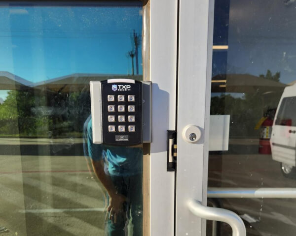 Access control keypad installed on a Tyler business door