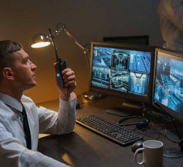 Central station operator handling commercial alarm monitoring and video verification