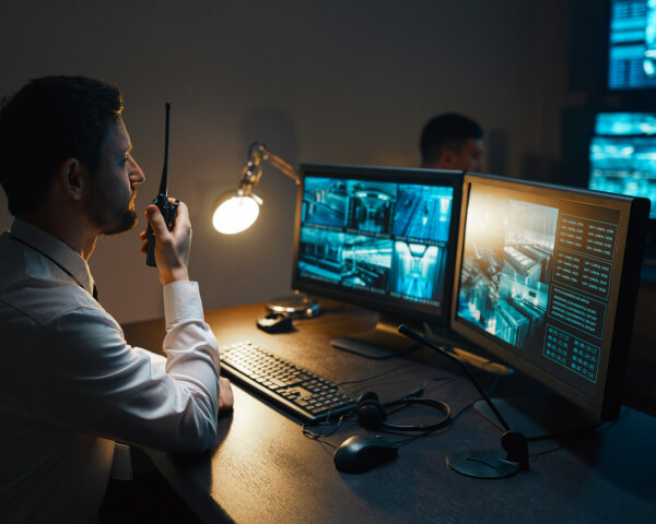  Operator watching live video monitoring feeds on control room screens