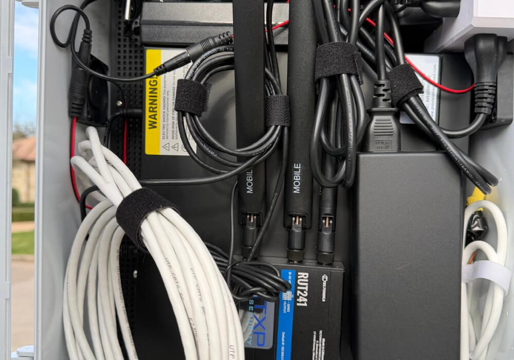 PoE switch and LTE router inside a Dallas security enclosure