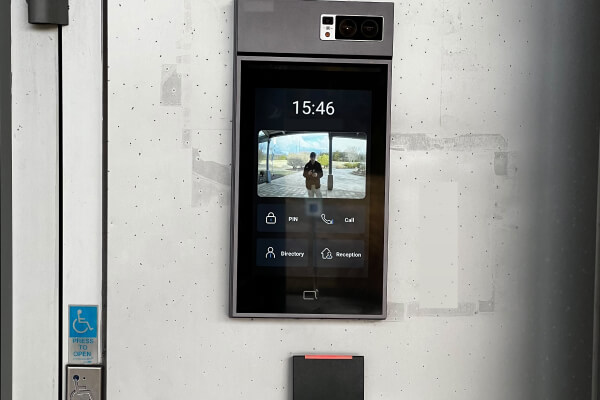 Access control video intercom and card reader at a synagogue entrance