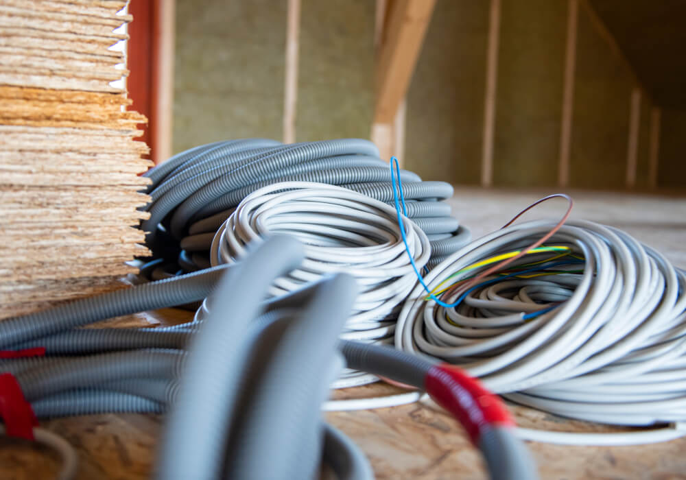 Coils of electrical wire inside an unfinished construction site building